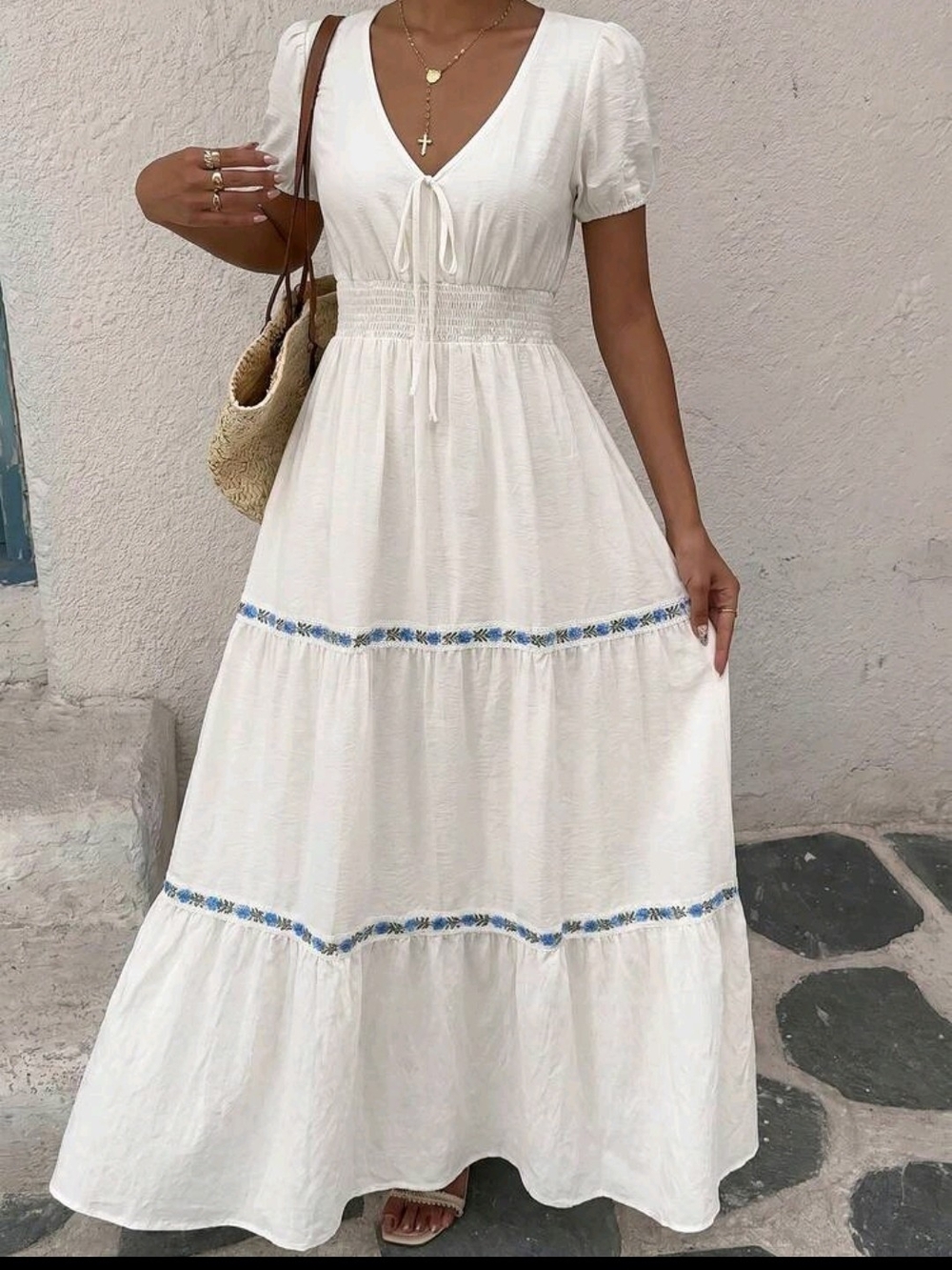 White Boho Tiered Maxi Dress with Blue Trim